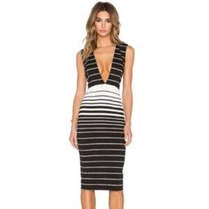 NICHOLAS Black & White Striped Midi Plunging V-Neck and Open Backless Dress